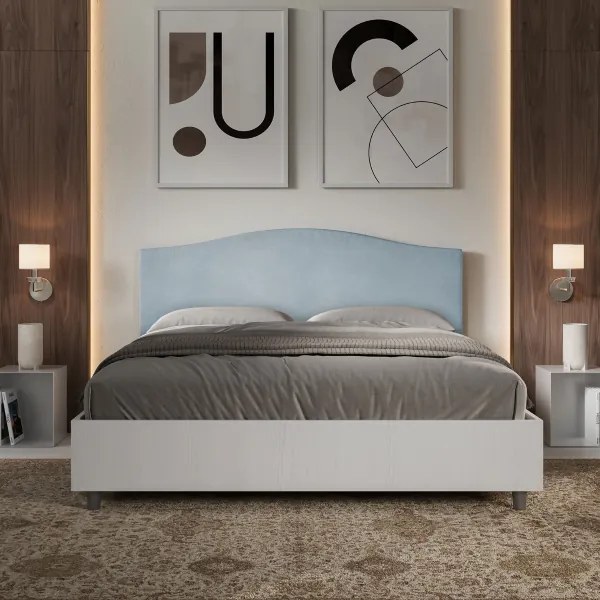 Letto contenitore da 160x190 in legno bianco e testata in microfibra azzurro Grace
