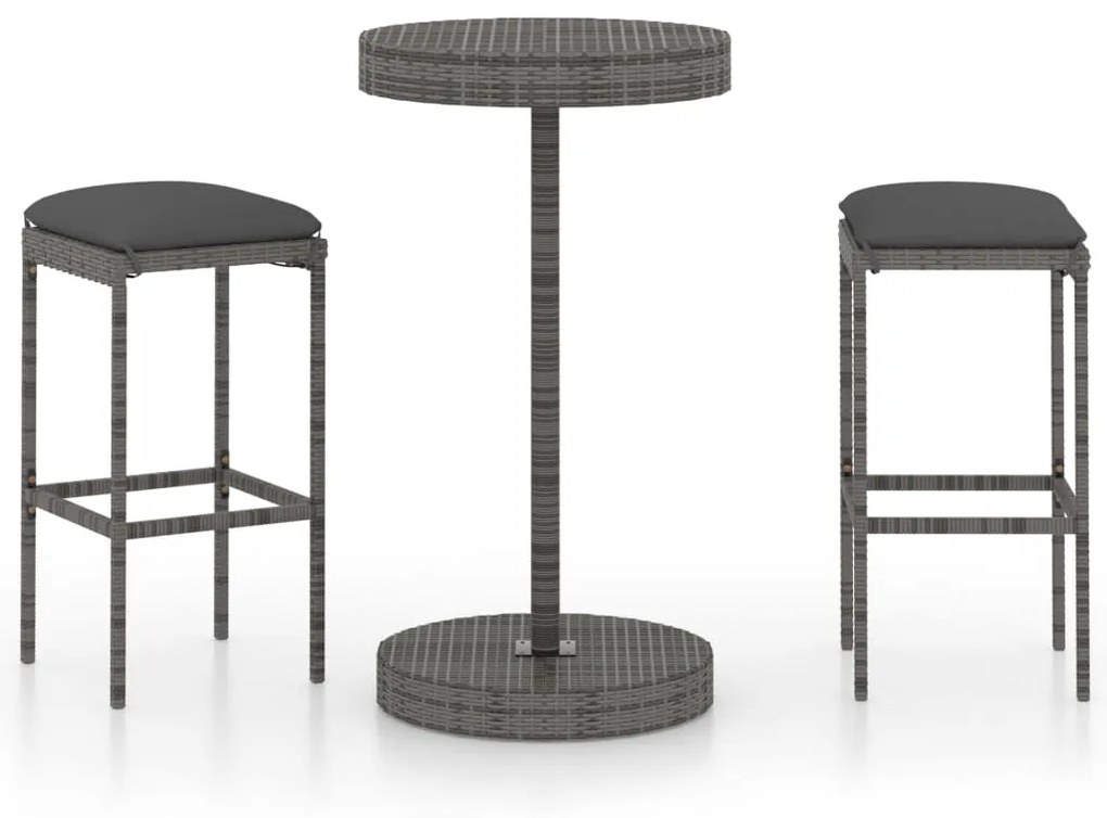 Set bar da giardino 3 pz con cuscini in polyrattan grigio