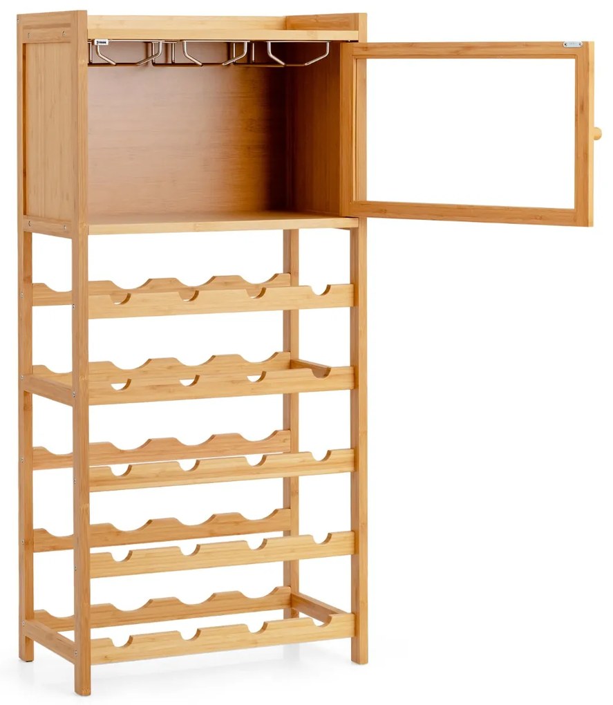 Costway Scaffale di bambù per 20 bottiglie di vino, Espositore vino con porta bicchieri ante magnetiche trasparenti
