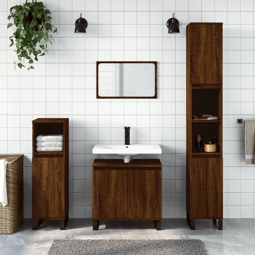 Set Mobili Da Bagno 3 Pz Rovere Marrone İn Legno Multistrato /