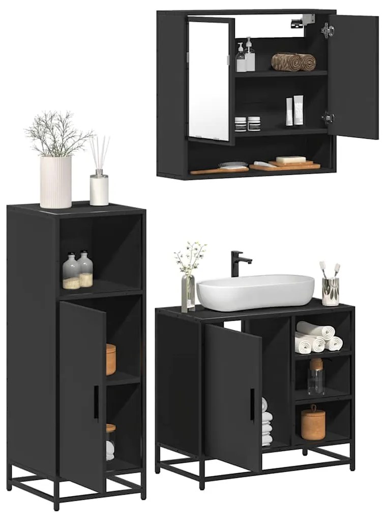 Set Mobili Da Bagno 3 Pz Nero İn Legno Multistrato /