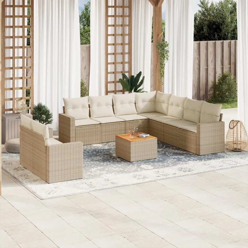 Set divano da giardino 10 pz con cuscini beige in polyrattan