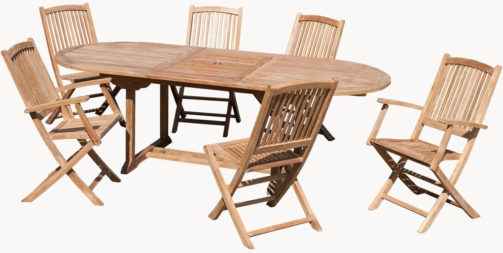 Set da pranzo da giardino in legno di teak Fun con foro per ombrellone, set da 7