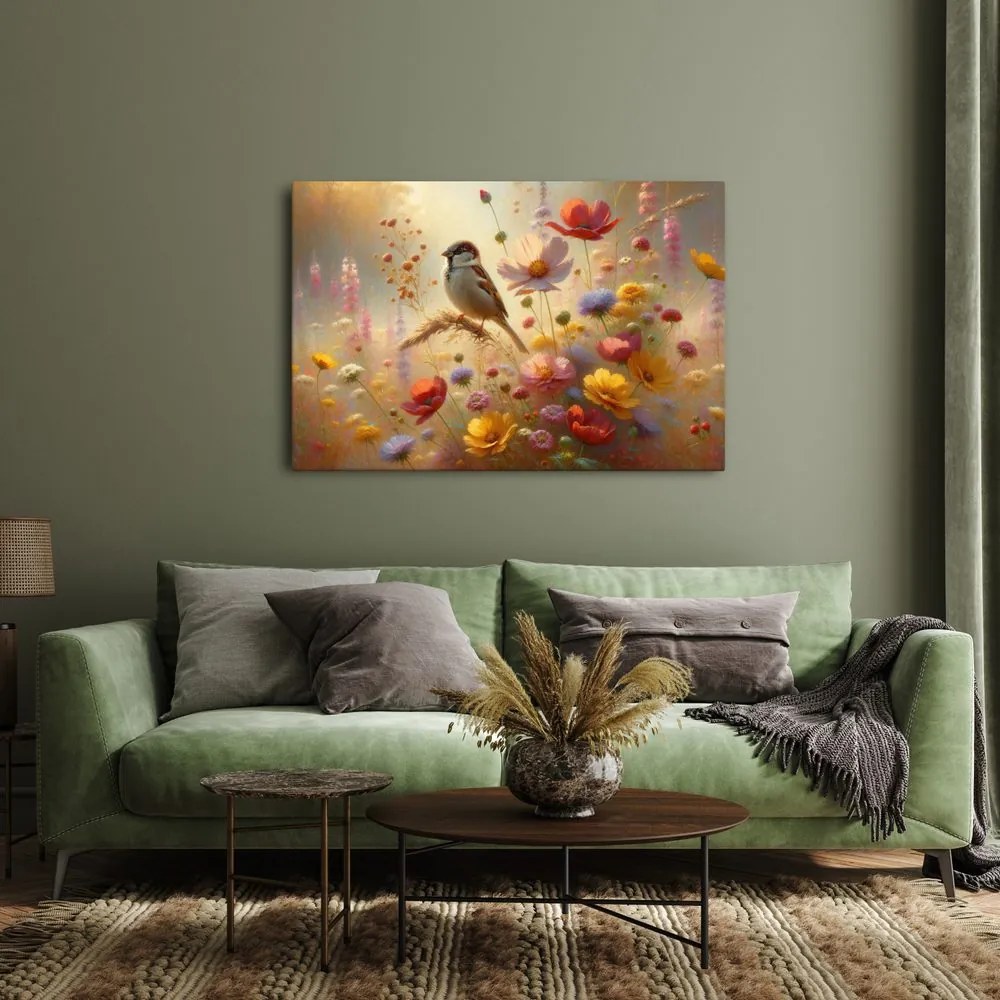 Quadro su tela – Passero nel giardino fiorito