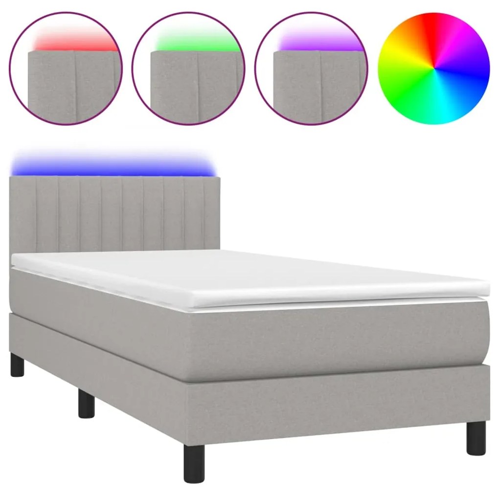 Letto a molle materasso e led grigio chiaro 90x190 cm tessuto