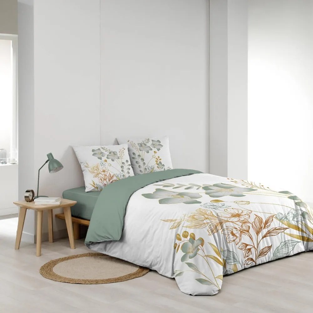 Set copripiumino e federa bianco/verde in cotone per letto matrimoniale ed esteso 240x220 cm Lolita – douceur d'intérieur
