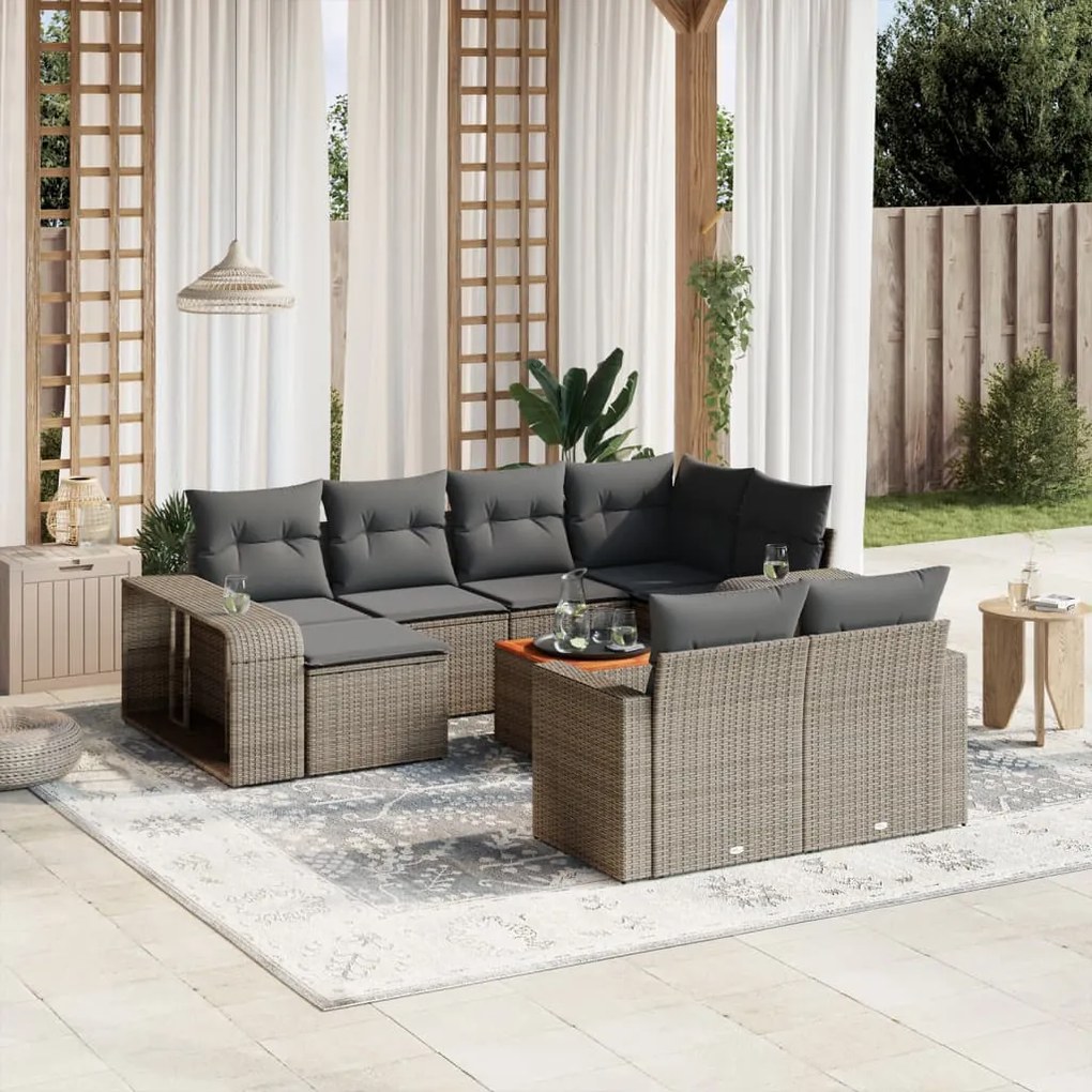 Set divani da giardino 11 pz con cuscini in polyrattan grigio