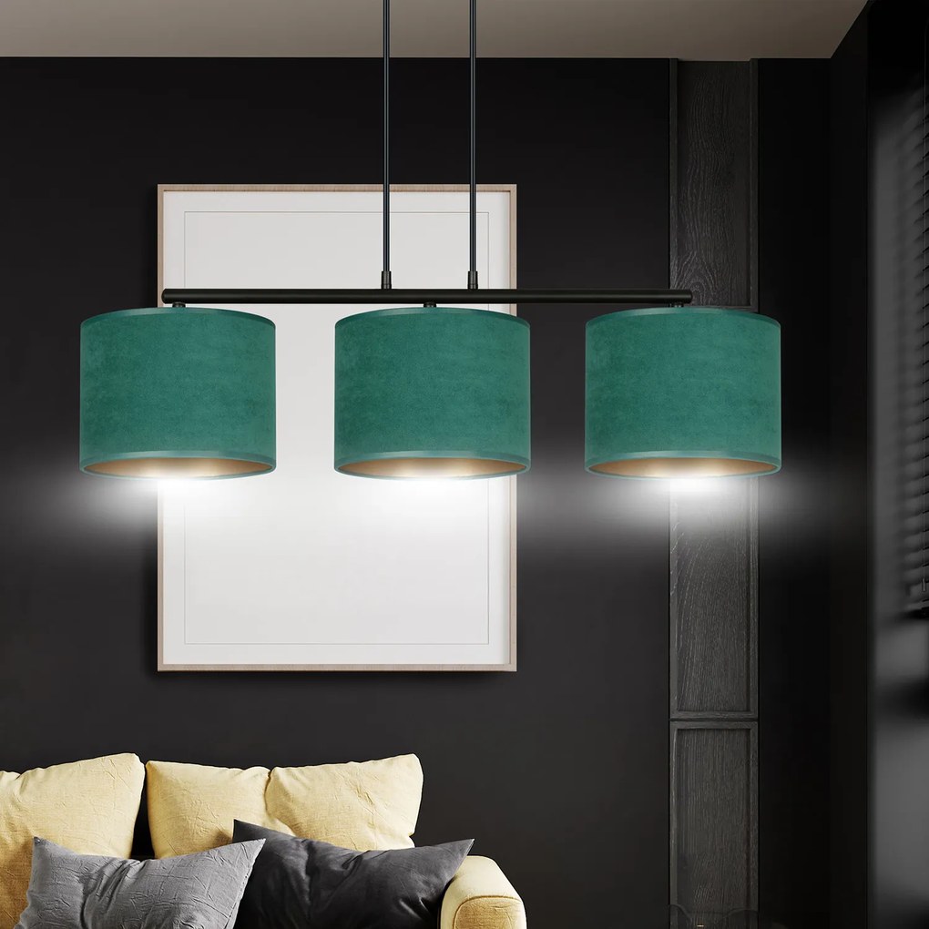 Lampadario 3 Luci Ganesha In Acciaio Nero E Paralumi In Tessuto Verde