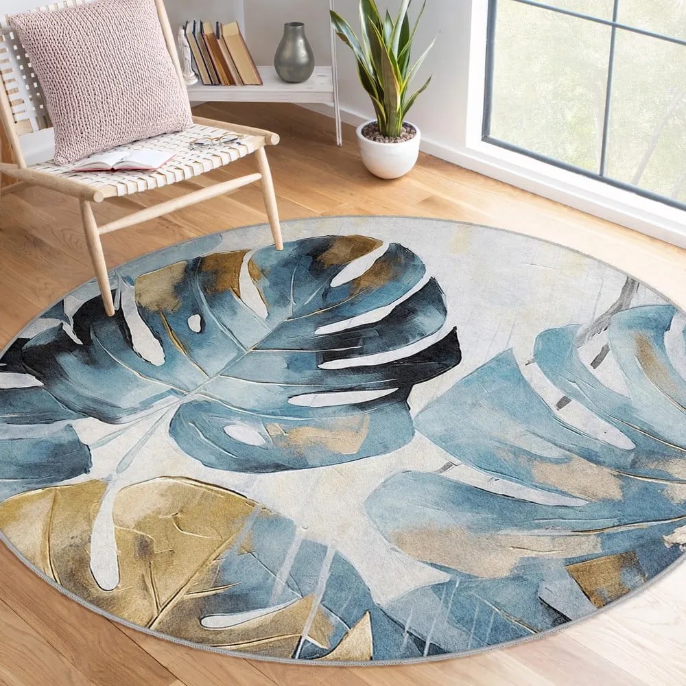 Tappeto rotondo blu lavabile ø 150 cm Golden Leaves – Mila Home