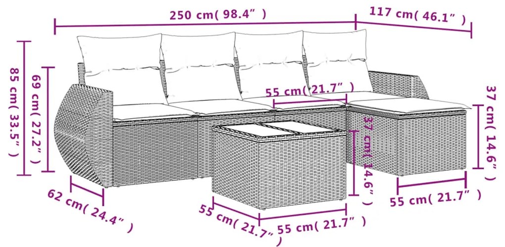 Set divano da giardino 6pz con cuscini grigio chiaro polyrattan