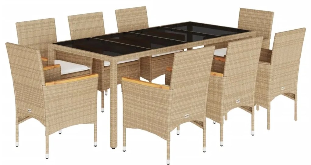 Set da pranzo da giardino 9 pz con cuscini polyrattan e vetro