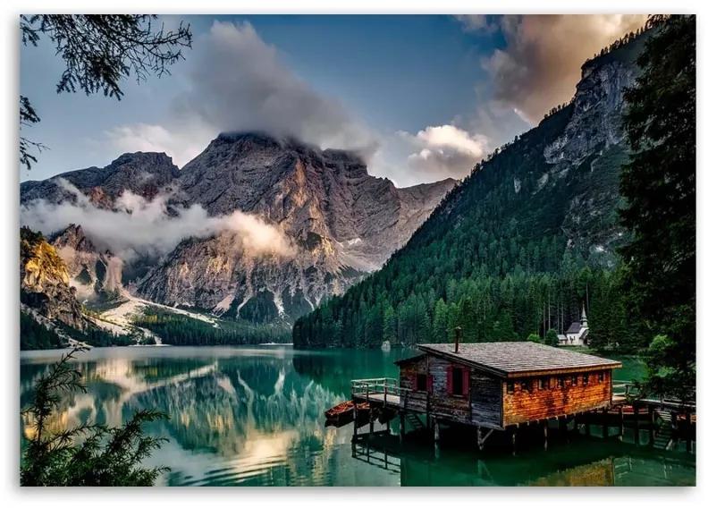 Stampa su tela Capanna al lago di montagna Dolomiti