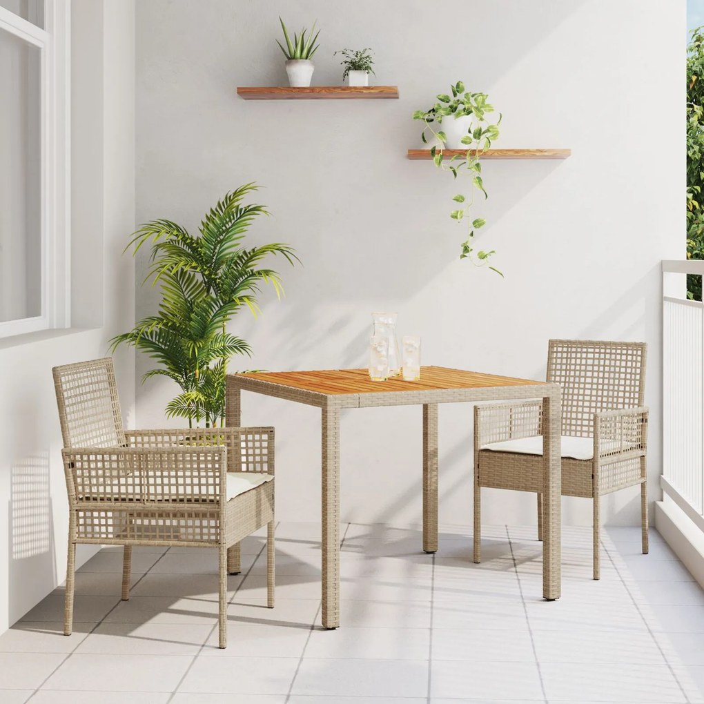 Set da pranzo da giardino 3 pezzi con cuscini beige polyrattan