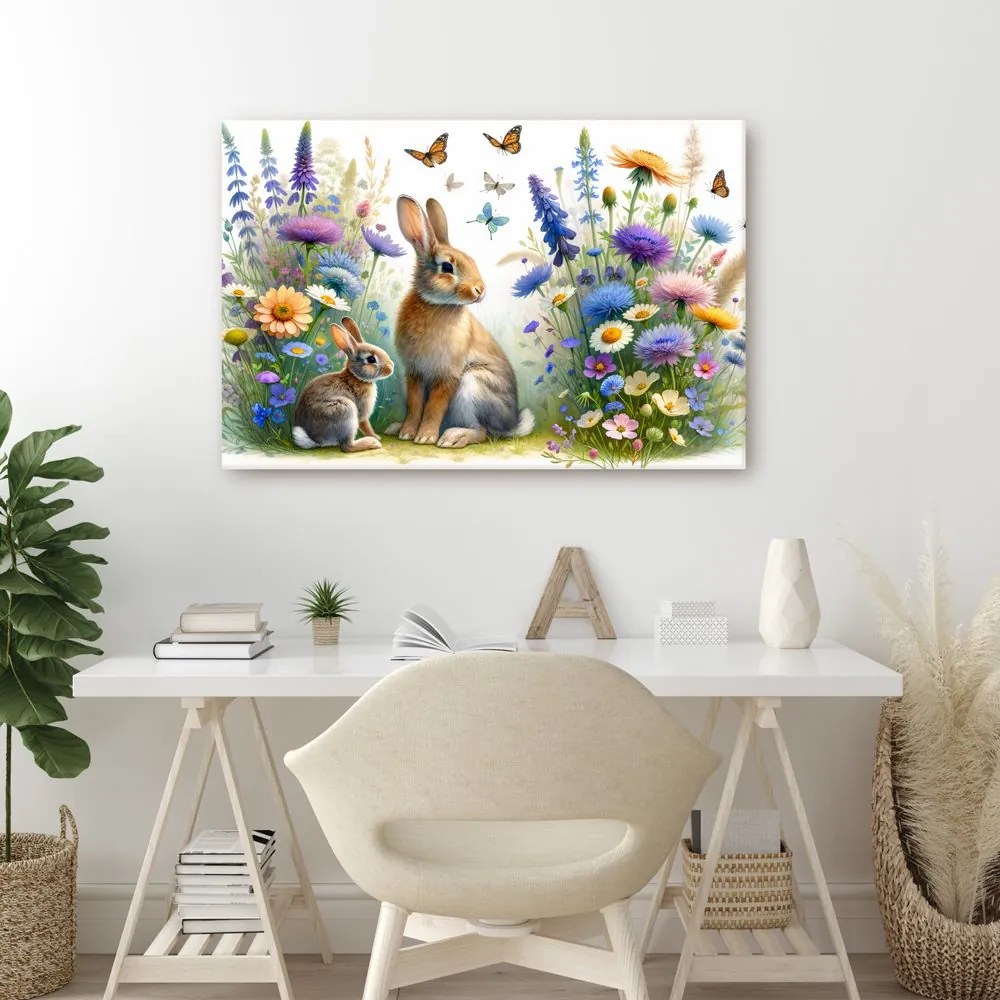 Quadro su tela – Coniglietti su prato fiorito di primavera