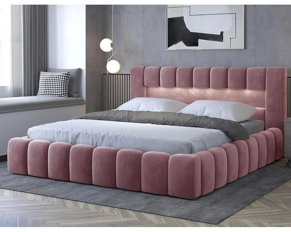 Letto matrimoniale imbottito rosa con contenitore con rete inclusa 140x200 cm Lamica – ELTAP