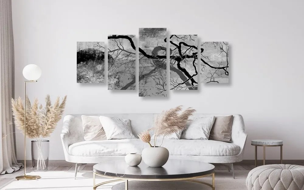 Quadri 5 pezzi – Alberi surrealisti in bianco e nero