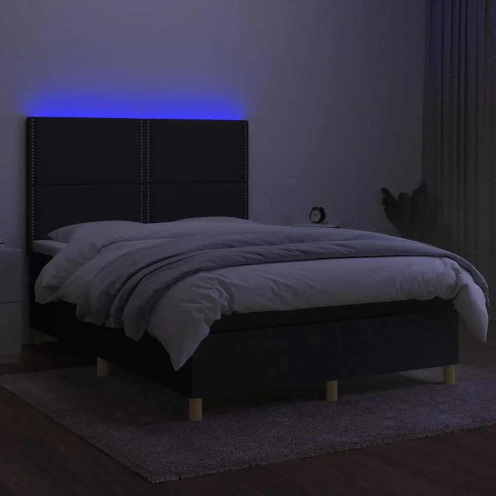 Letto a molle con materasso e led nero 140x190 cm in tessuto