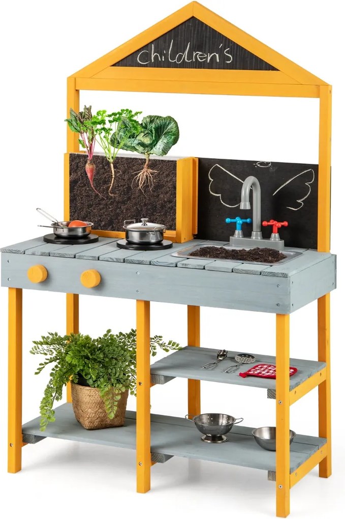 Costway Set cucina da gioco per bambini in legno con 2 lavagnette, Cucina da giardino con rubinetto girevole e accessori per bambini 3 anni