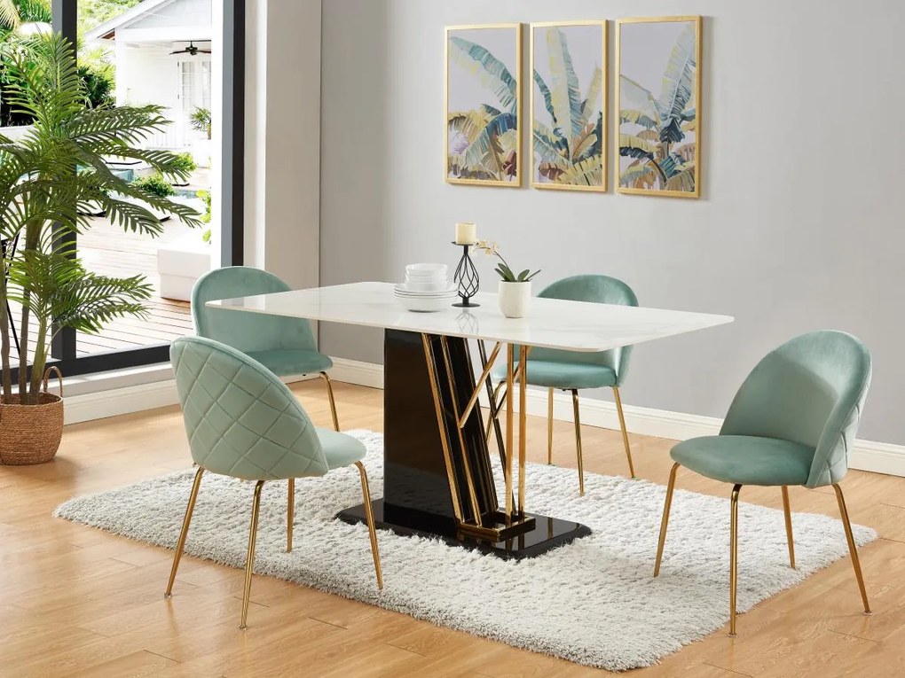 Tavolo da pranzo 6 coperti in Ceramica e MDF Effetto Marmo Bianco, Dorato e Nero laccato - BALLARAT