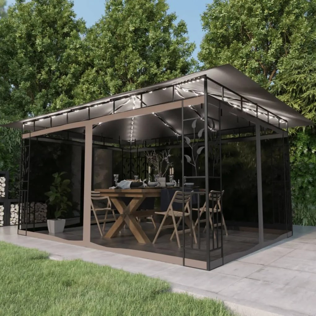 Gazebo Con Zanzariera Luci Led 4x3x2,73 M Grigio Talpa /