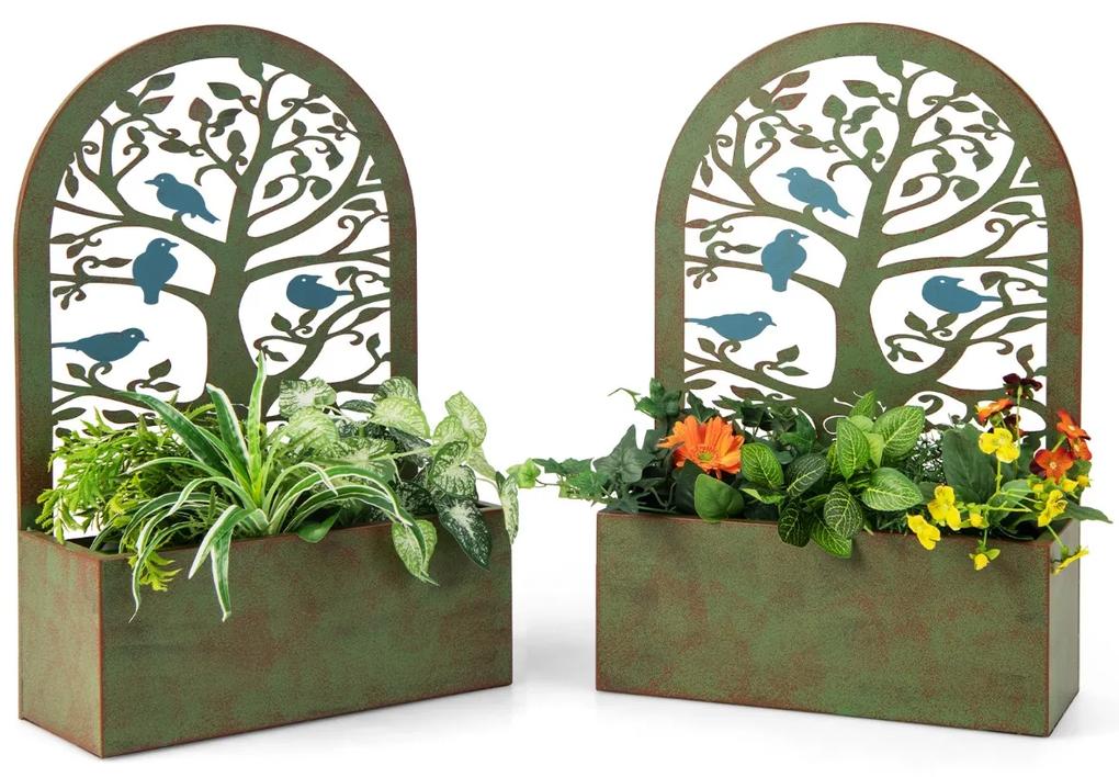 Costway Set di 2 fioriere rialzate con grigliati in metallo spalliera per piante, Fioriere a muro da esterno Verde scuro