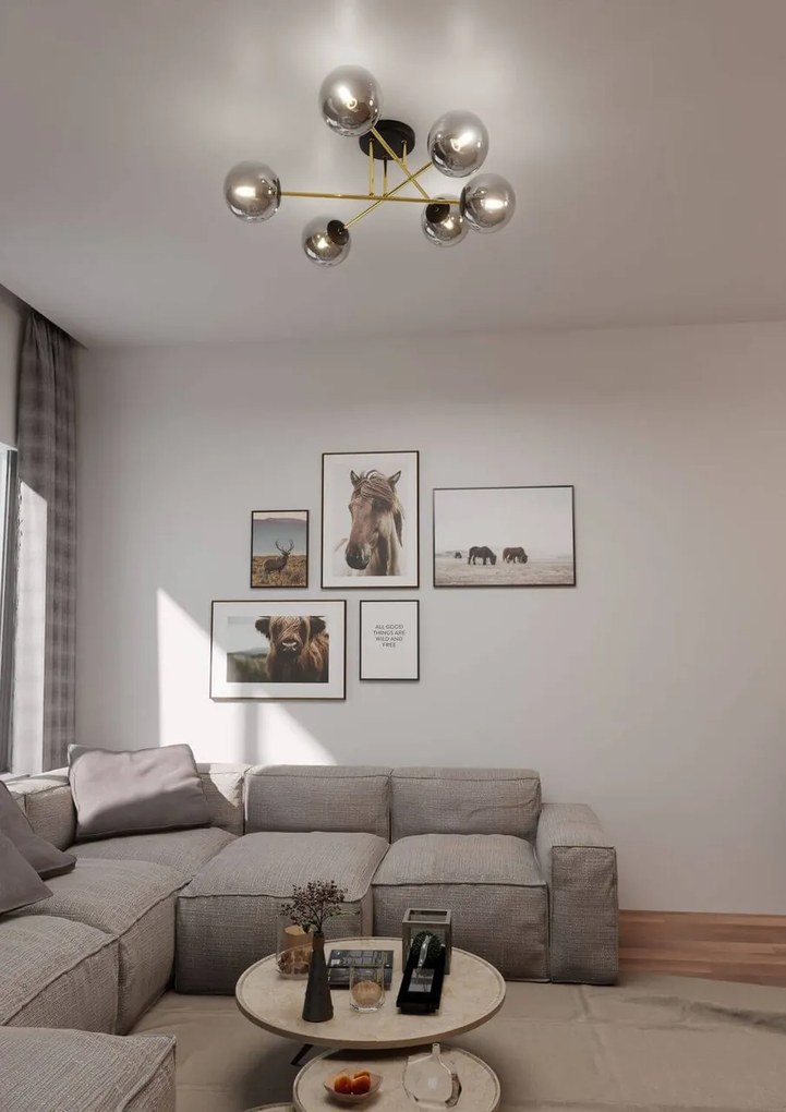 Lampadario Magnum Nero e Oro con 6 Sfere Grafite E14 da soffitto
