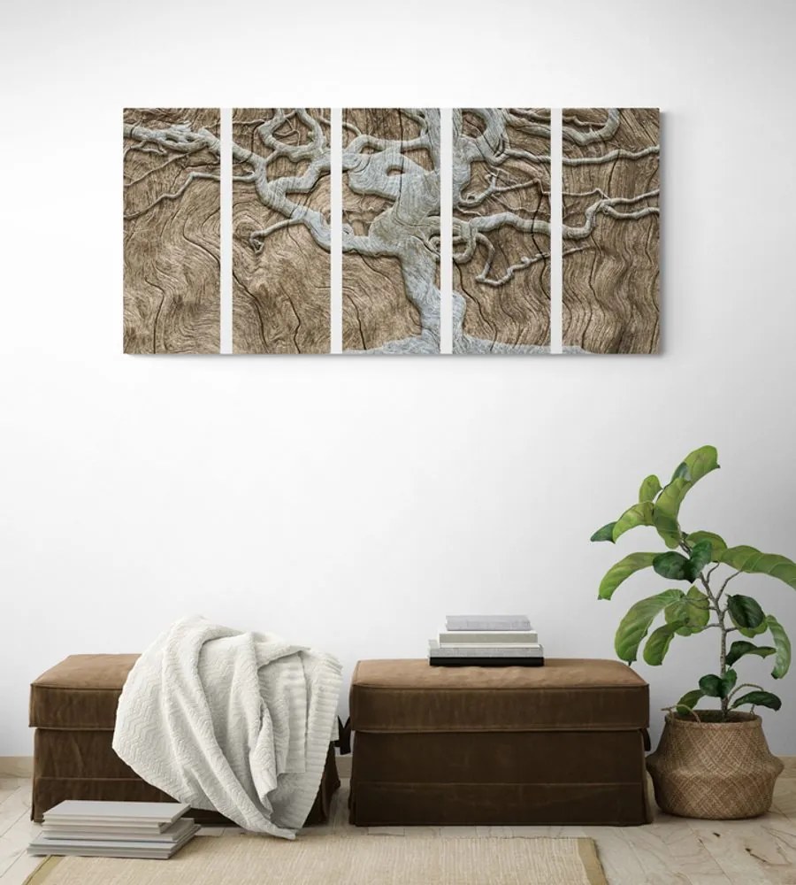 Quadri 5 pezzi – Albero astratto su legno in tonalità beige