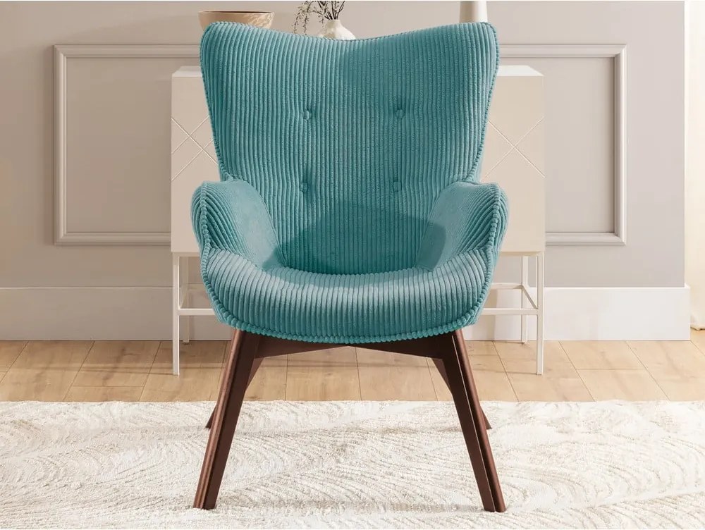 Poltrona turchese con rivestimento in velluto a coste Niko – Ropez