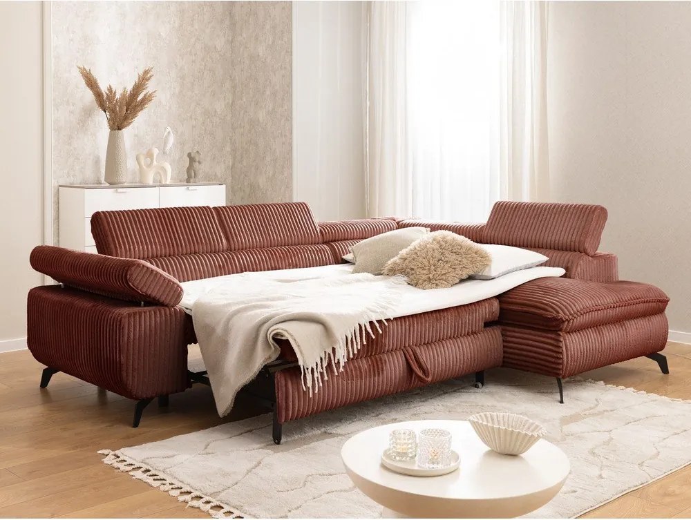 Divano angolare color terracotta (con penisola a destra/a L) con rivestimento in velluto a coste Marbeya – Ropez