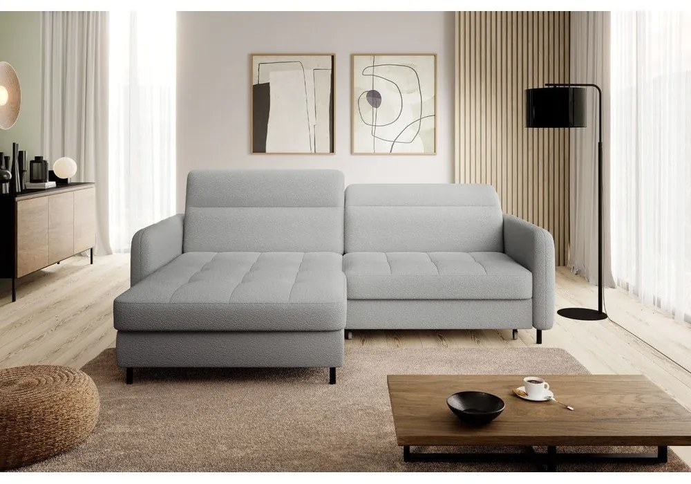 Divano angolare grigio allungabile/con contenitore (con penisola a sinistra/con chaise lounge) e rivestimento in bouclé Gomsi – ELTAP