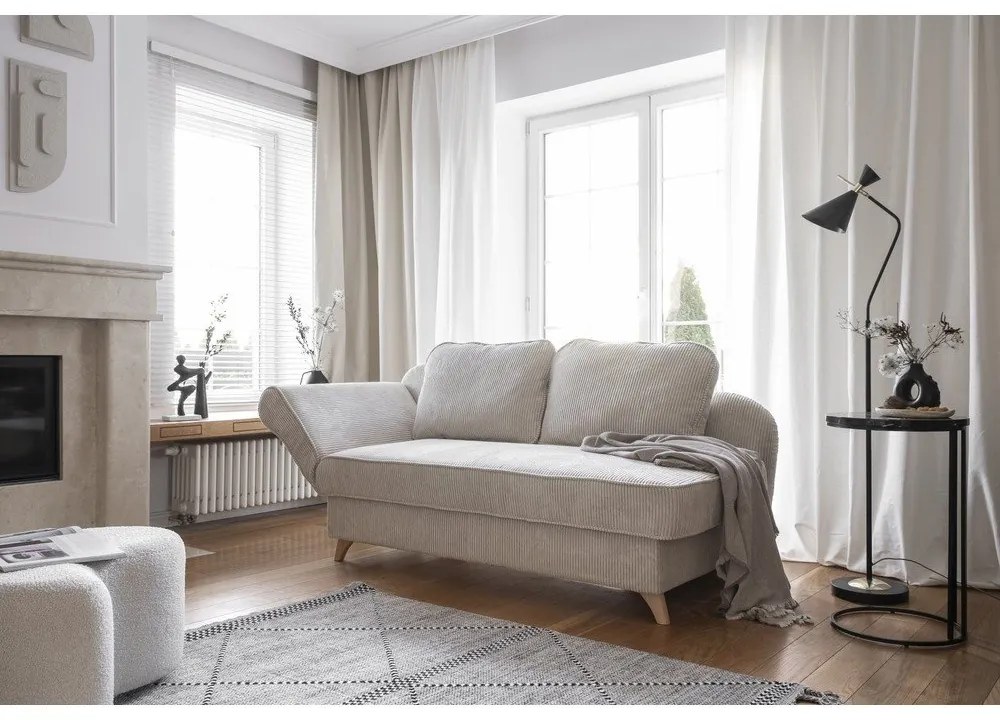 Chaise longue beige (con penisola a sinistra) con rivestimento in velluto a coste Chic Charlotte – Miuform