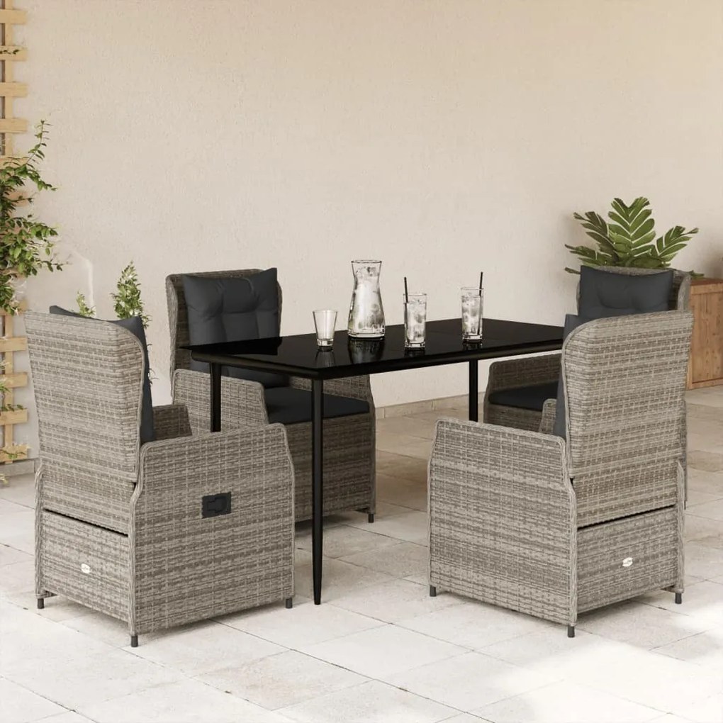Set da pranzo da giardino 5 pz con cuscini in polyrattan grigio