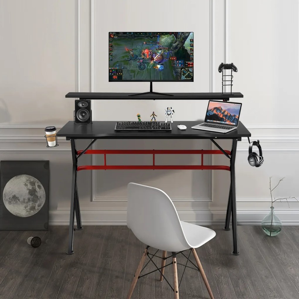 Costway Scrivania da gaming con porta bicchiere gancio per cuffie e mensola, Postazione da gaming professionale per casa e ufficio