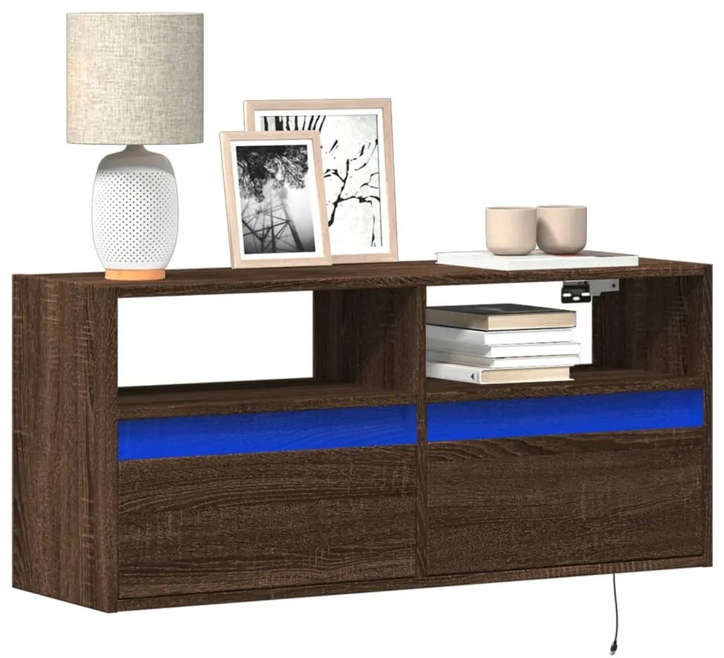 Mobile Tv A Parete Con Luci Led Rovere Marrone 100x31x45 Cm /