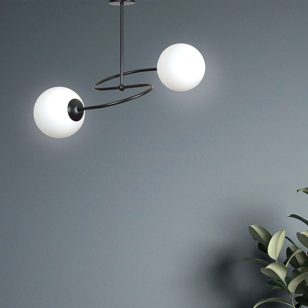 Plafoniera Moderna 2 Luci Nezha In Acciaio Nero E Sfere In Vetro Opale
