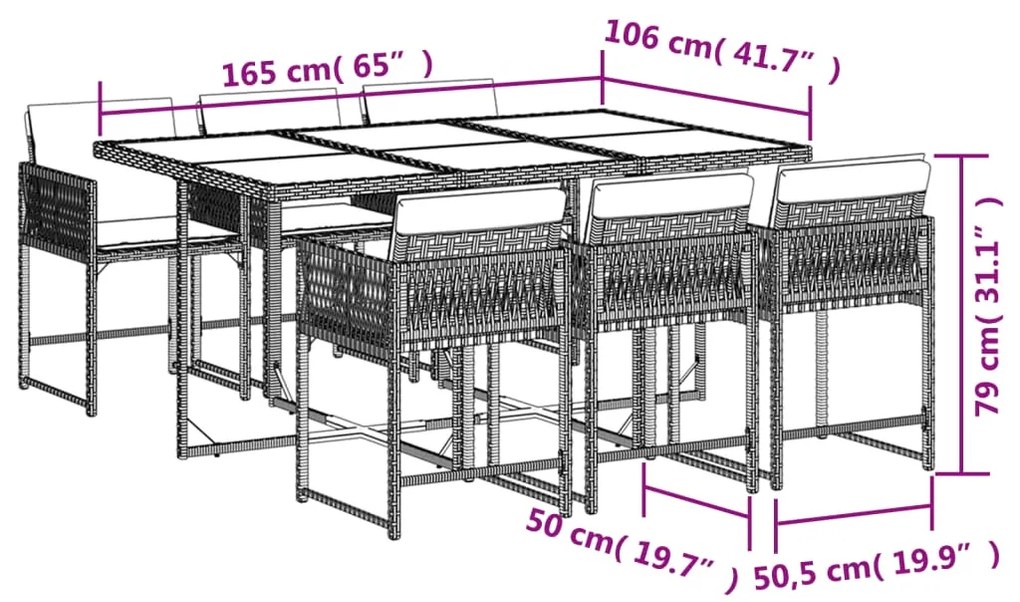 Set da pranzo da giardino 7pz con cuscini in polyrattan marrone