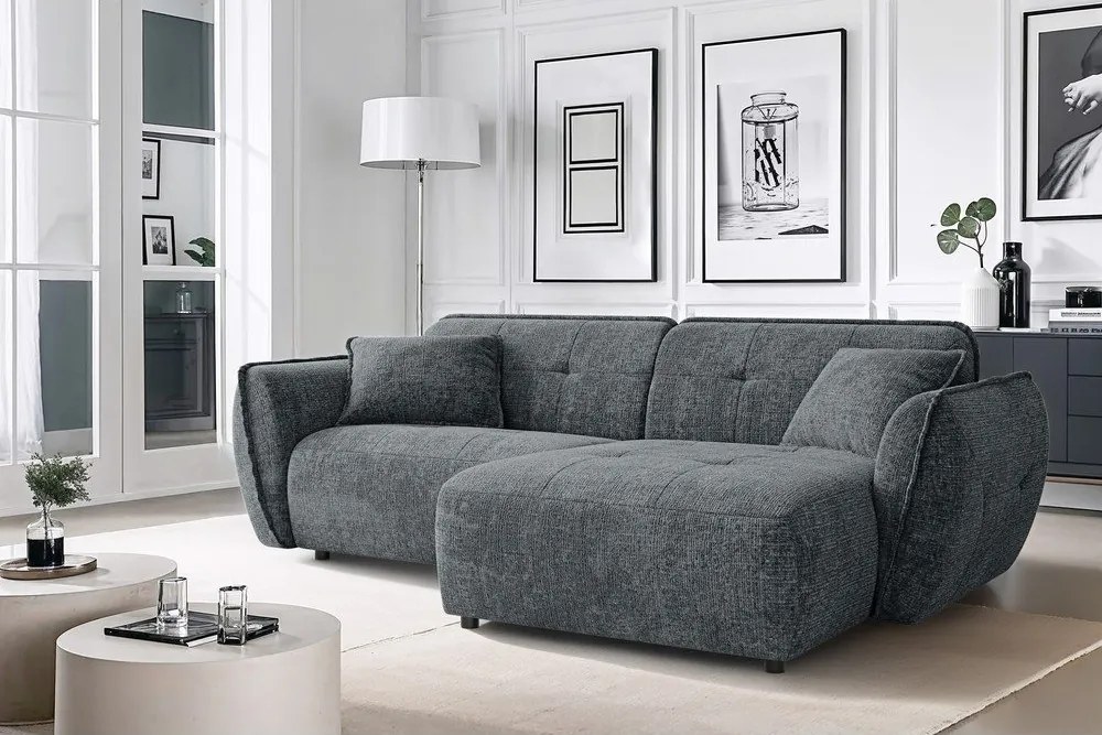 Divano angolare grigio scuro (con penisola a destra/con chaise lounge) con rivestimento in ciniglia Nelia – Ropez