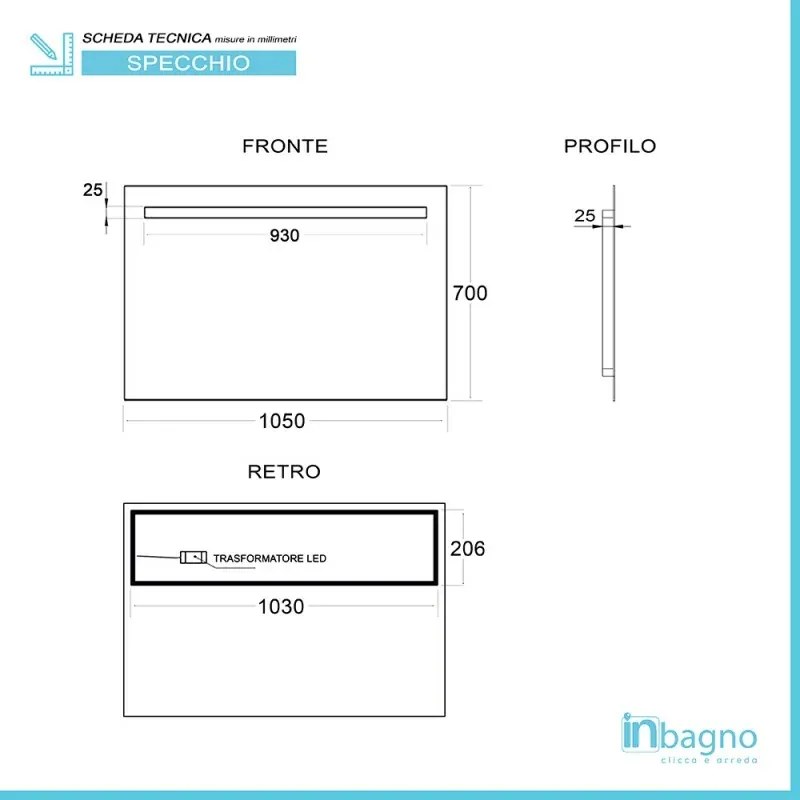 Specchio bagno 105x70 cm con fascia LED superiore bianco naturale
