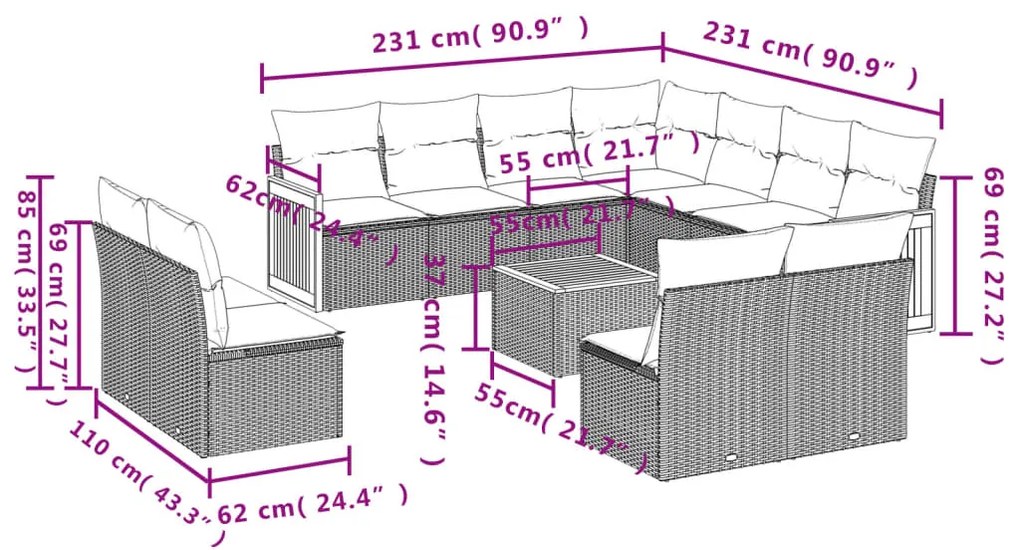 Set Divani da Giardino 12 pz con Cuscini Nero in Polyrattan