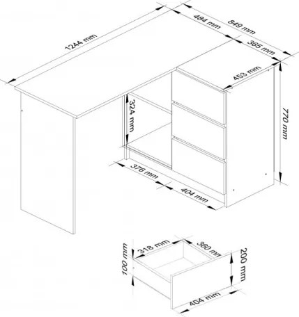 Scrivania Angolare 124 Cm Destra 3 Cassetti Bianco Opaco Artika