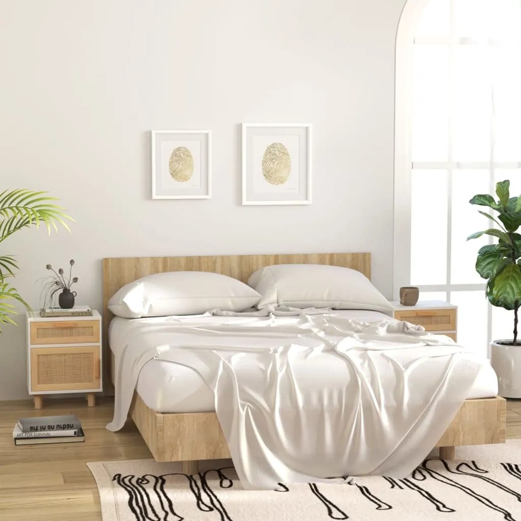 Comodini 2 Pz Bianchi Legno Massello Di Pino E Rattan Naturale /