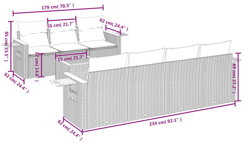 Set divani da giardino con cuscini 8 pz nero in polyrattan