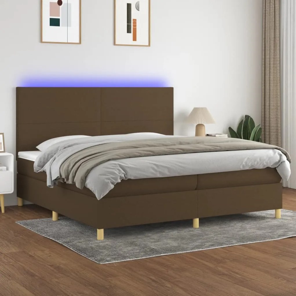 Letto a molle materasso e led marronescuro 200x200cm in tessuto