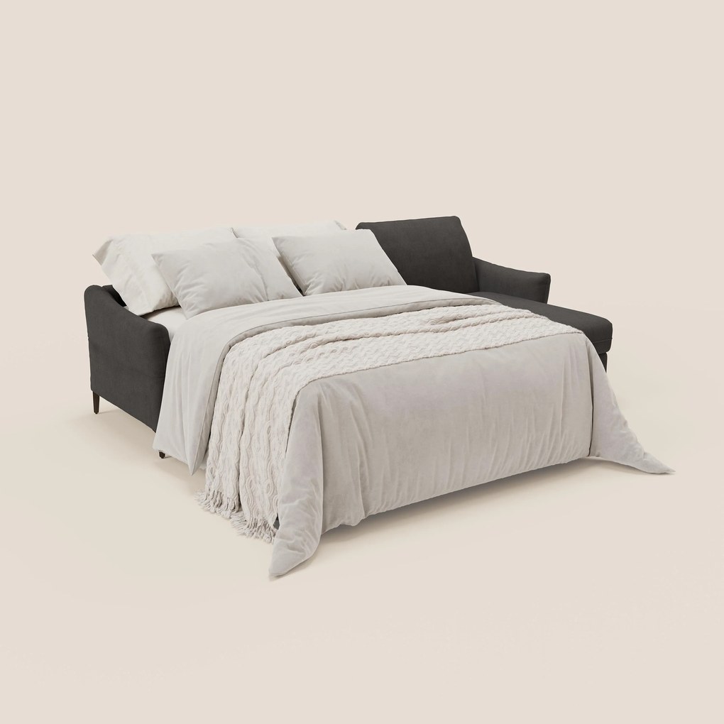 Dalia divano letto angolare con materasso alto 18 cm piedini alti e penisola contenitore in tessuto smacchiabile T17 antracite