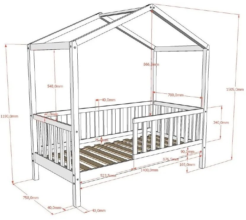 Letto da bambini a forma di casa di colore naturale in pino massiccio con rete inclusa 70x140 cm DALLAS – Vipack