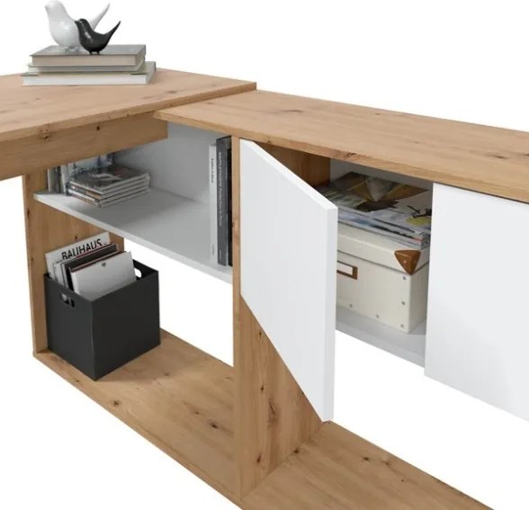 Scrivania Libreria Moderna Doppia Configurazione Reversibile Bianco E Rovere