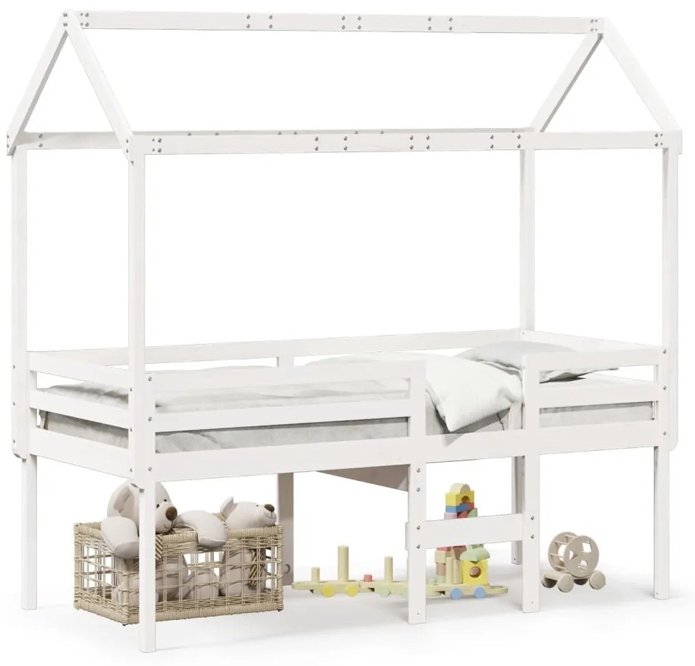Letto A Soppalco Con Tetto Bianco 90x200 Cm İn Legno Di Pino /