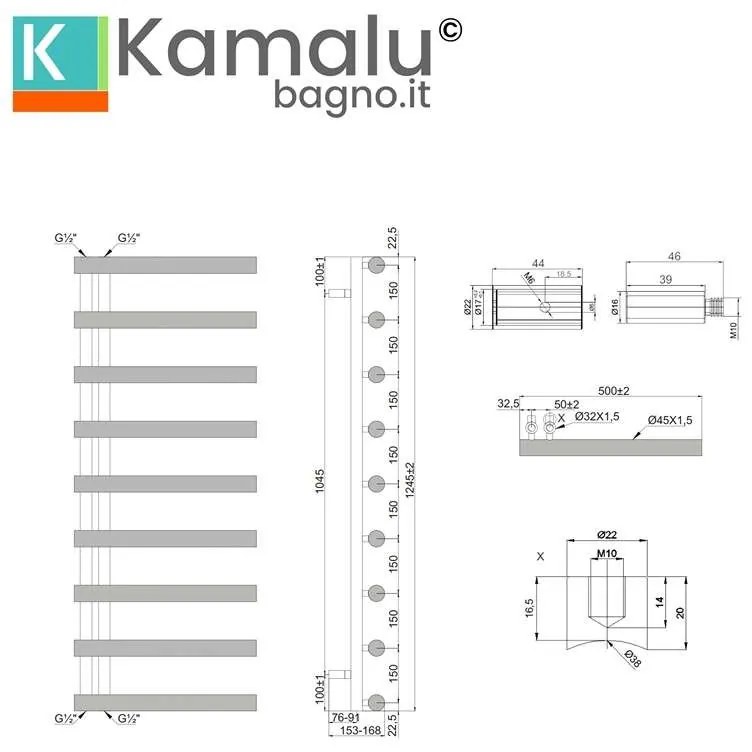 Kamalu - Scaldasalviette termoarredo 795x500mm modello KAM-D2006