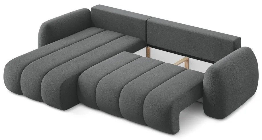 Divano angolare grigio scuro allungabile/con contenitore (con penisola a sinistra/con chaise lounge) con rivestimento in bouclé Pele – Makamii