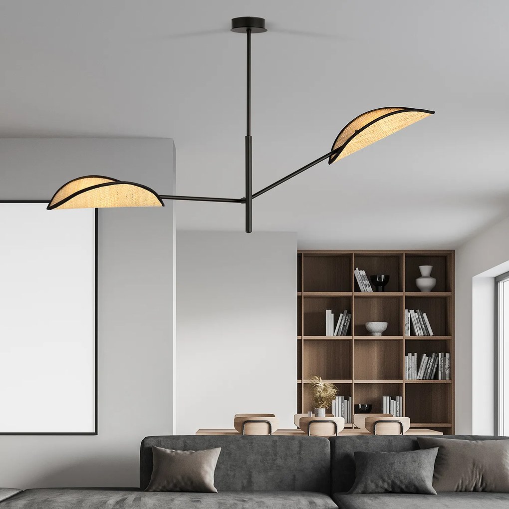 Lampadario 2 Luci Eridano In Acciao Nero E Rattan Con Bracci Mobili
